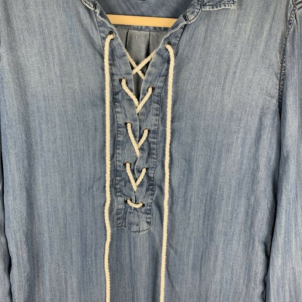 Rails Women's S Collared Long Sleeved Tunic Shirt Dress Chambray Blue Lace Up - Picture 3 of 7